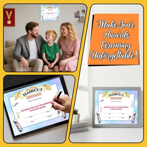 First Haircut Certificate, Comb Scissors First Haircut Keepsake Award Gifts for Kids Baby, 1st Hair Cut Souvenir Milestone Marker Supplies, 25 Pack Achievement Certificates of Recognition, 30