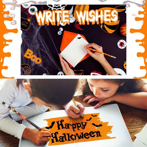 Hicarer 400 Pcs Halloween Pencils Bulk, Cute Wooden Pencils with Eraser Various Assorted Patterns Holiday Stationery Pumpkin Ghost Black Cat Halloween Party Favors Kids Office School Supplies