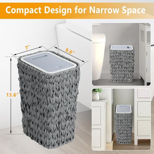 OOTDAY Trash Can with Lid, 2.6 Gallon Small Rattan Trash Can with Press Top Lid, Boho Slim Wicker Waste Basket and Hamper 2 in 1, Seagrass Woven Garbage Can Trash Basket for Living Room, Bedroom Gray