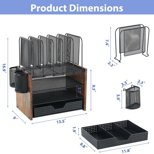 AUPSEN Desk Organizer and Accessories, Wood Desk Organizer with 5 Upright Sections and Drawer, Office Organization and Storage with Vertical File Holders, Office Desk Accessories