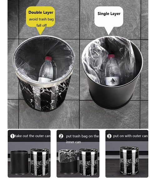 Luxury Metal Waste Bin with Leather Cover,Open Top Office Wastebasket,Double Layer Trash Can,Round Shaped (Black Marble w/ Gold Ring)