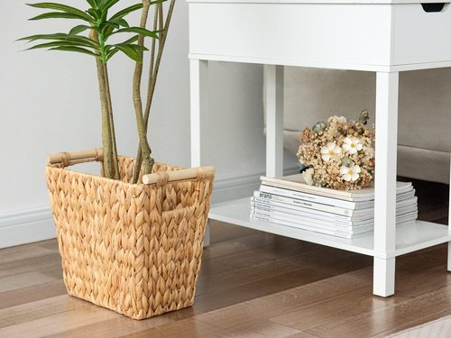 StorageWorks Wicker Waste Basket with Wooden Handles, Bathroom Trash Can, Wicker Trash Can for Bedroom, Office, Living Room, 12 Liters, 1 Pack