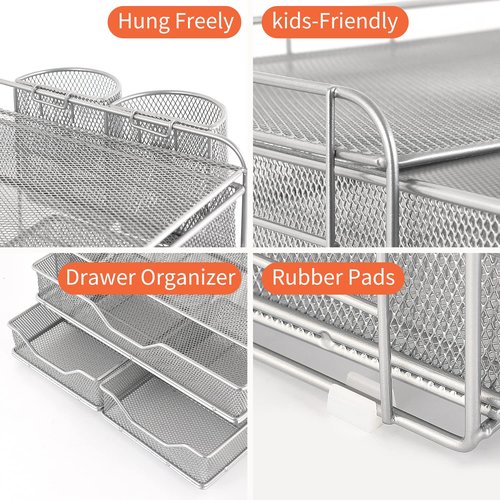 Gianotter 3-Tier Desk Drawer Organizer with 2 Pen Holder, Desk Accessories & Workspace Organizers for Home Office Supplies (Silver)