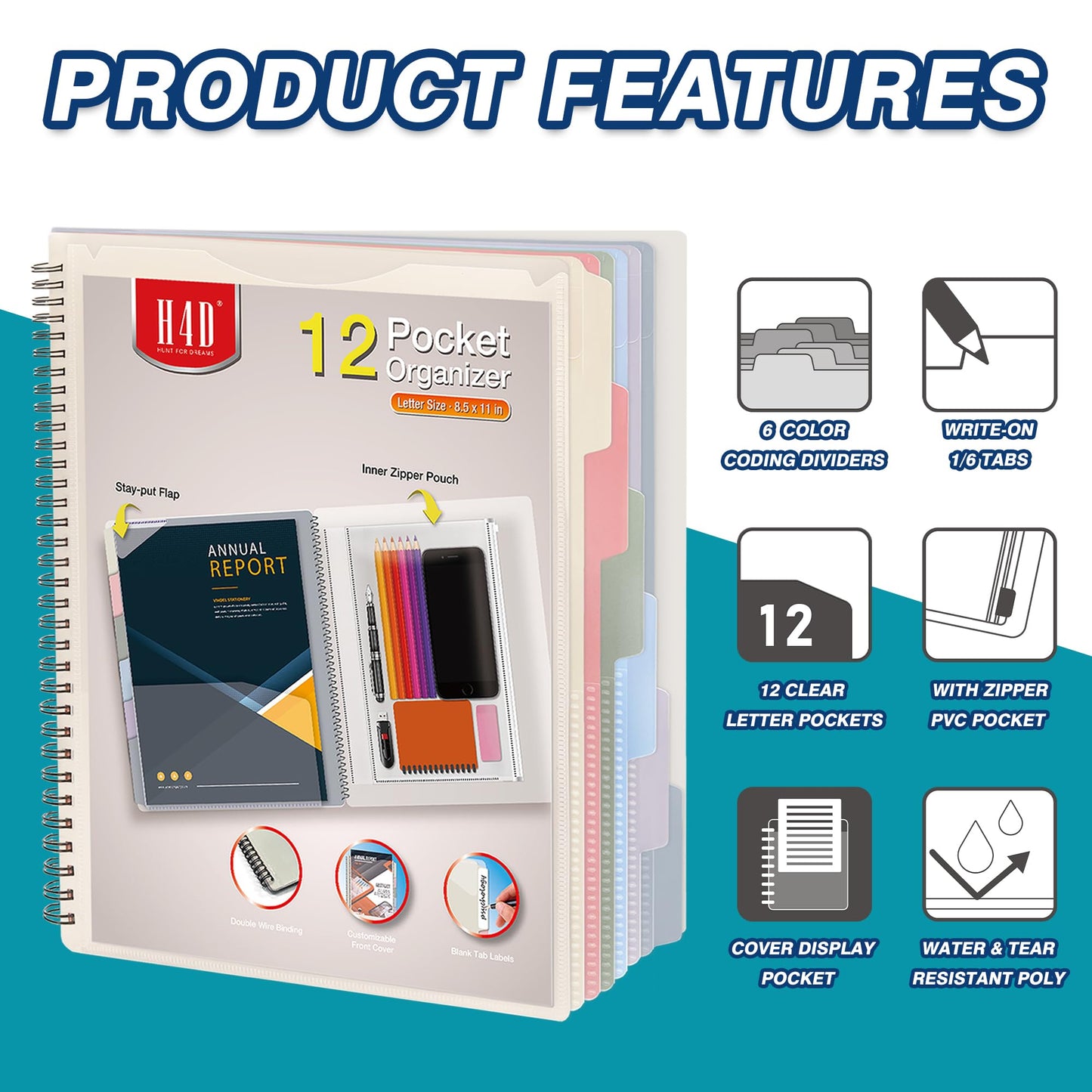 H4D 12 Pocket Morandi Color Spiral Multi Pocket Folder Poly Project Organizer