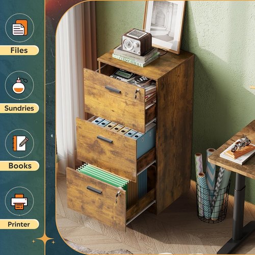 DEVAISE 3-Drawer File Cabinet - Lockable Vertical Wood Filing Cabinet for Home Office, Rustic Brown