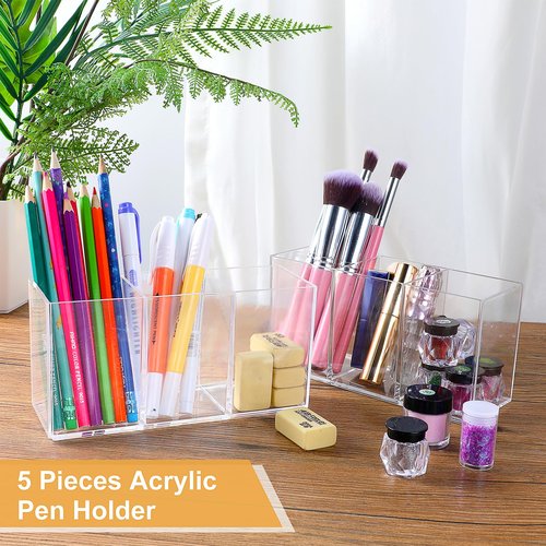 Lemecima 5 Pack Acrylic Pen Pencil Holder - 3 Compartment Clear Pencil Pen Organizer for Office Home Supplies Desk Accessories
