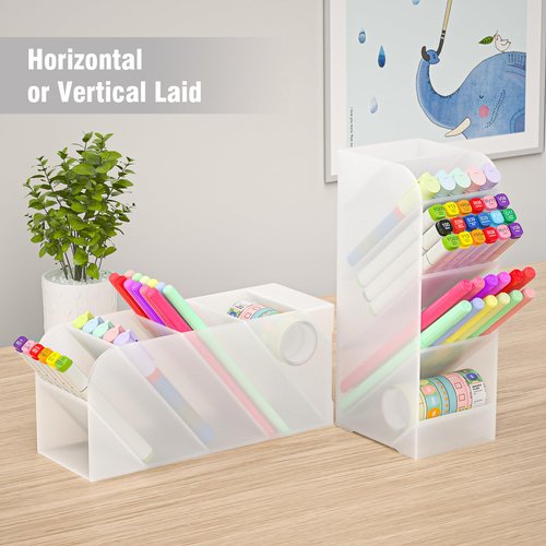 Asten Pen Holder, Pencil Holder for Desk, Pen Organizer for Office, School, Desktop, Large Capacity Pen Storage Organizer with 5 Compartment for Pens, Markers, Makeup Brush, Cosmetics (Clear, 3 Pack)