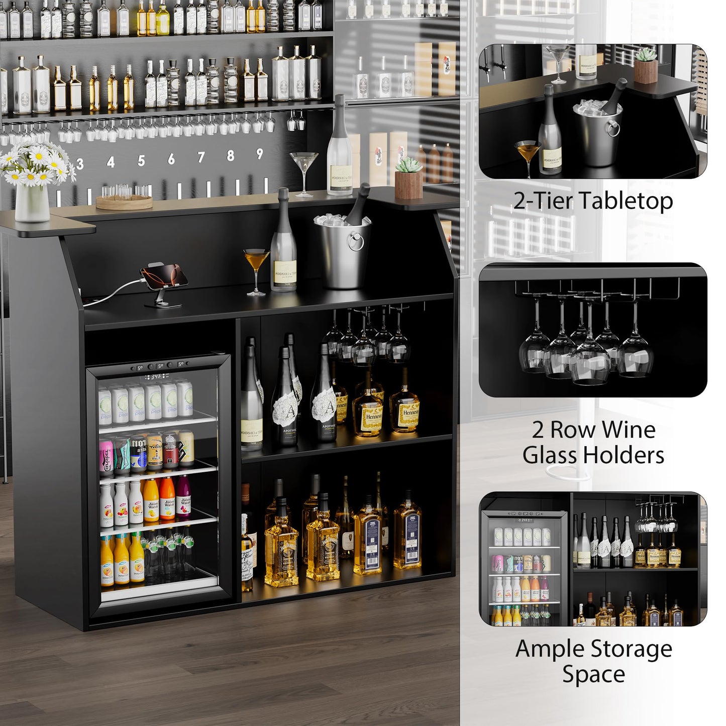 Home Bar Cabinet with Mini Fridge Space, Liquor Bar Cabinet for Home with Storage Shelves, Wine Glasses Holder, Power Outlet, Mini Fridge Cabinet with Storage, Wine Bar Cabinet for Living Room