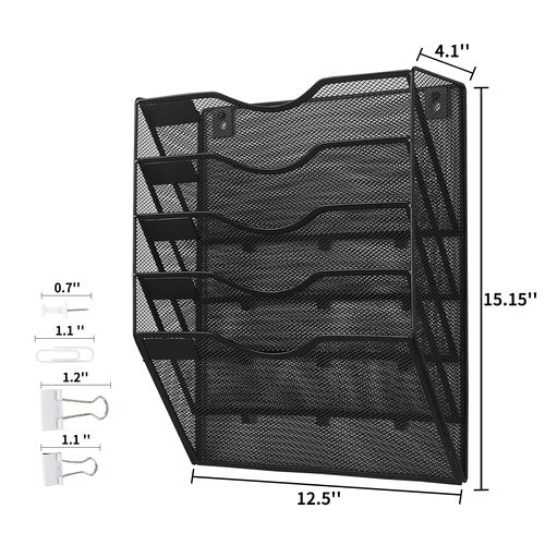 LEKETREE Hanging Wall File Organizer with Office Assorted, 5 Pockets Mesh Wall Mounted File Folder Holder for Mail, Paper, Document, Binder, Magazine, Menu (Black)