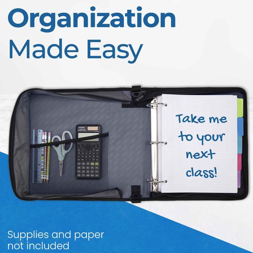 Case-it Classic Zipper Binder | 2-Inch O-Rings, 350 Sheet Capacity, Multiple Storage Pockets & Shoulder Strap | School & Office Organizer | D-251 Jet Black | 6 Pack