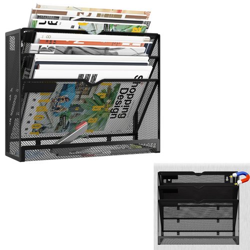 KZWKRG 4 Tier Magnetic File Holder, Large Capacity Mesh Hanging Wall Organizer Vertical Magnetic Hanging File Organizer, Magnetic File Folder Holder for File Cabinets, Office, Whiteboard (Black)