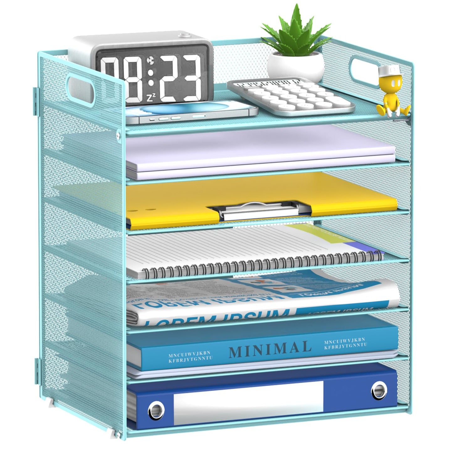 ReePlan 7 Tier Paper Organizer - Mesh Desktop File Holder with Handles for Office School Desk, Black (Blue)
