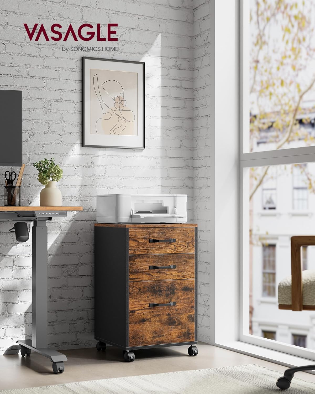 VASAGLE File Cabinet - 3-Drawer Home Office Storage with Wheels | Rustic Brown & Ink Black Finish