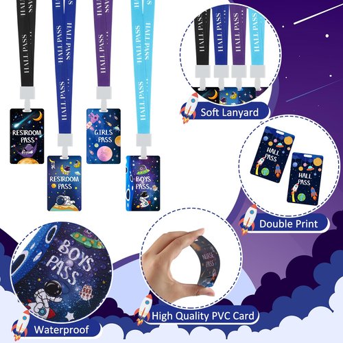 8 Set PVC Hall Pass Lanyards Outer Space Unbreakable Hall School Passes Teacher Supplies for Classroom Elementary Middle School Bathroom Library Office Nurse