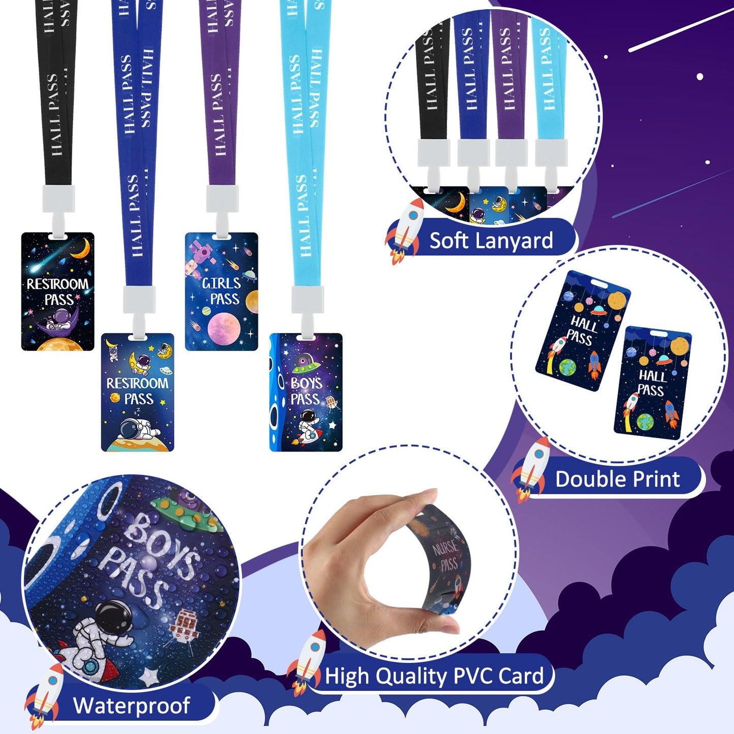 8 Set PVC Hall Pass Lanyards Outer Space Unbreakable Hall School Passes Teacher Supplies for Classroom Elementary Middle School Bathroom Library Office Nurse