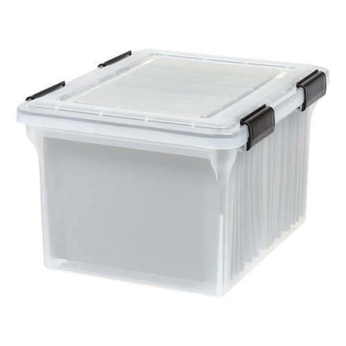 IRIS USA Plastic File Letter/Legal, Water Resistant Document Box, Durable Lid, Seal w/Secure Latching Buckles, Stackable, Nestable, WeatherPro - 1 Pack, Clear