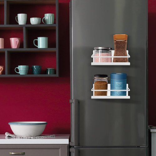 NHZ Magnetic Spice Rack - Space-Saving Magnetic Shelf for Refrigerator | Extra Strong Magnets (2 Pack, White)