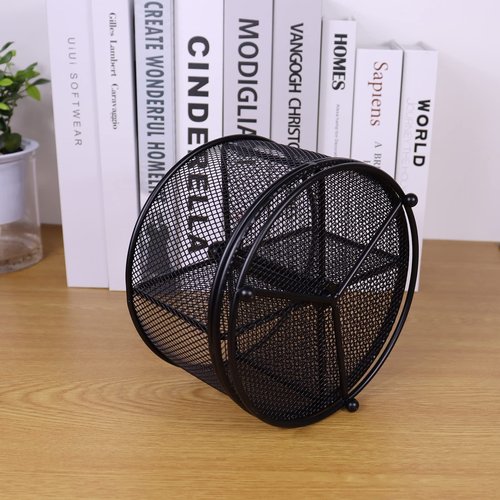 Flytreal Pen Holder for Desk, 360 Rotating Mesh Pencil Organizer Marker Storage Caddy, Black Large Capacity Desktop Stationery Organizer, 4 Compartments for Home Office School Kids Art Supplies