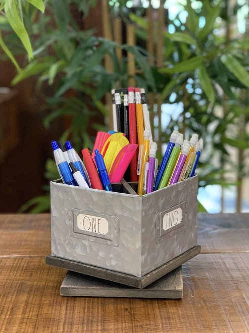 Rae Dunn Rotating Decorative Pencil Cup – Galvanized Steel Desktop Stationary Spinner Holder - 4 Compartment Table Top Organizer for Pens, Office, Home and Art Supplies by Designstyles