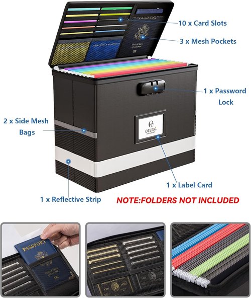 Oterri Fireproof Document Box - Portable File Safe with Lock | Waterproof & Collapsible, Black