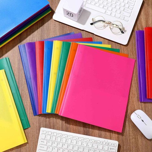 Cholemy 72 Packs Pocket Folders with Prongs Heavy Duty Plastic Folder with Business Card Slot 3 Prong Fasteners for School Office (Cute)