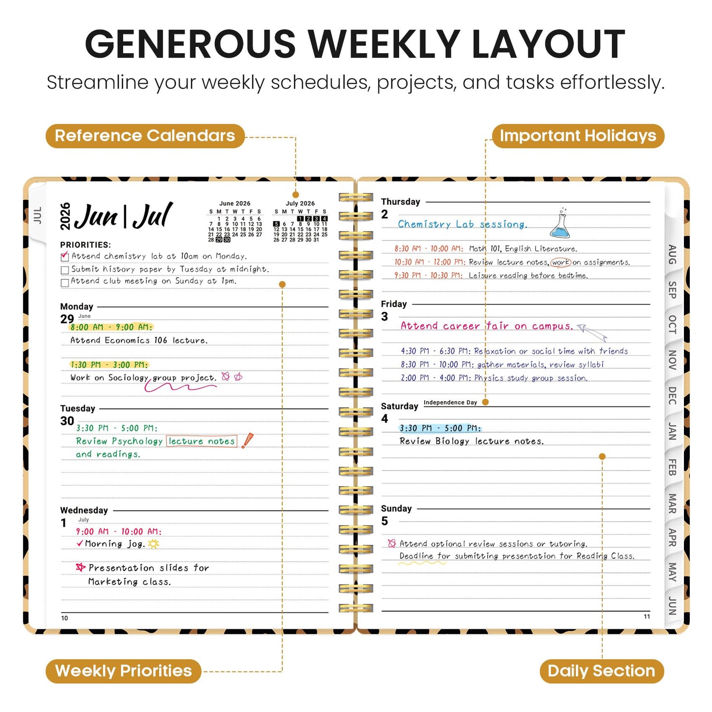 Planner 2026–2027, Weekly & Monthly Academic Organizer for School Year, Jul 2026–Jun 2027, Hardcover Planner with Tabs, Back to School Essential, 8.5" x 11", Leopard