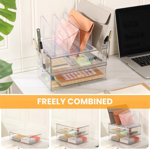 LALOBLUE Acrylic Desk Organizer Set, 2 Pack Stackable Drawer Organizer with 4 Vertical File Sorter and 2 Pen Holders, Desktop Storage for Files, Letter, Documents, Office Supplies, Desk Accessories