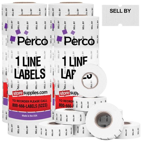 Perco 1 Line "SELL BY" Labels - 32 Rolls, 4 Sleeves, 32,000 Blank Date Gun Labels for Perco 1 Line Date Guns - Made in USA