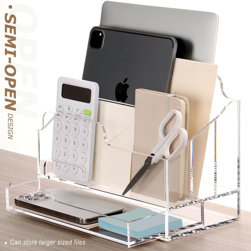 SANRUI Acrylic Desktop File Organizer Mail Sorter Box with Drawer, 3 Compartments Clear Office Accessories Paper Storage Holder, Multifunction Envelope Letter Folder Racks for Office,Home, School