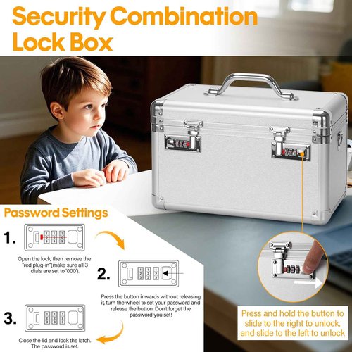 Vilcjson Combination Lock Box - 13.4x7.5x8.3 Inch Large - Security Lock Boxes for Medicine, Locking Storage Box for Personal Items Passports and Documents, Lockable Lockbox for Office Business, Silver