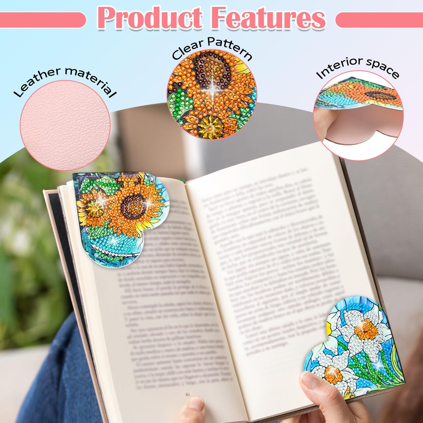 LINGFANG 4 Pcs Diamond Painting Bookmark, DIY Corner Book Makers for Adults Book Lovers, Diamond Dot Art Beginners, Small Diamond Art Kits, Paint by Art Crafts Gift for Women Girls (Heart Flower)