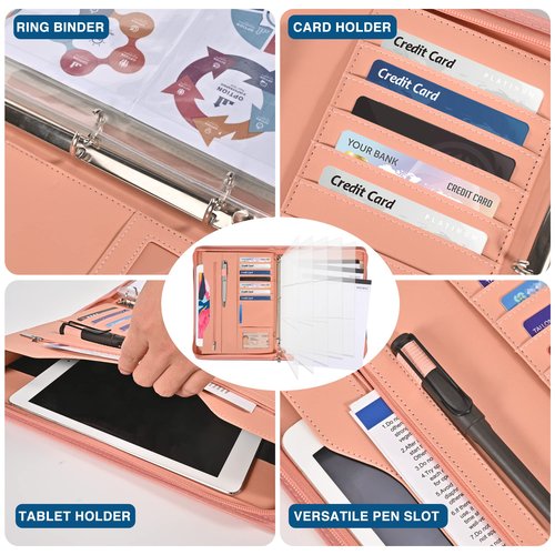 Sbrinnaliao 3-Ring Padfolio Portfolio Binder Organizer,PU Leather Folder Binder Business Planner Notebook Zippered Portfolio for Women/Men with Document Sleeve,Letter/A4 Size Clipboard