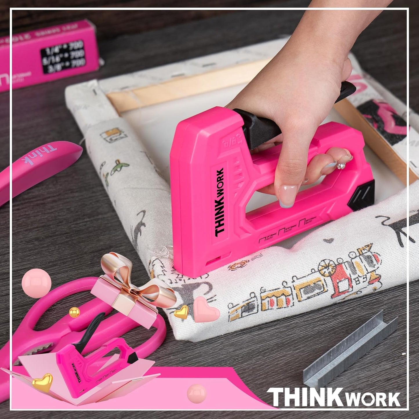 THINKWORK Light Duty Staple Gun - Pink Upholstery Stapler with 1600 JT21 Staples & Remover | Ideal for Crafts & DIY Projects