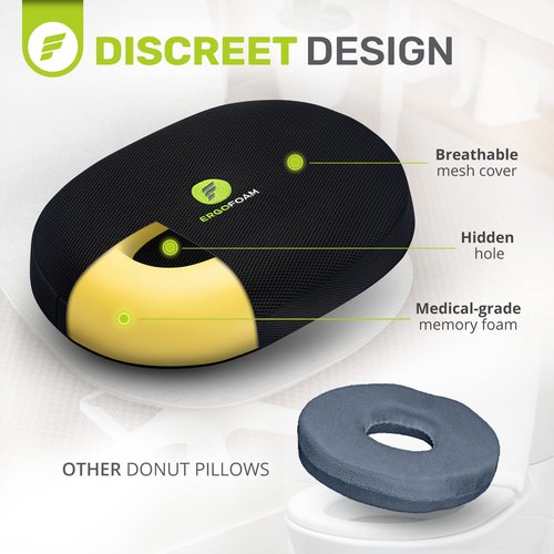 ErgoFoam Adjustable XL Foot Rest (Rectangular, Velvet, Black) and Orthopedic Donut Pillow Bundle