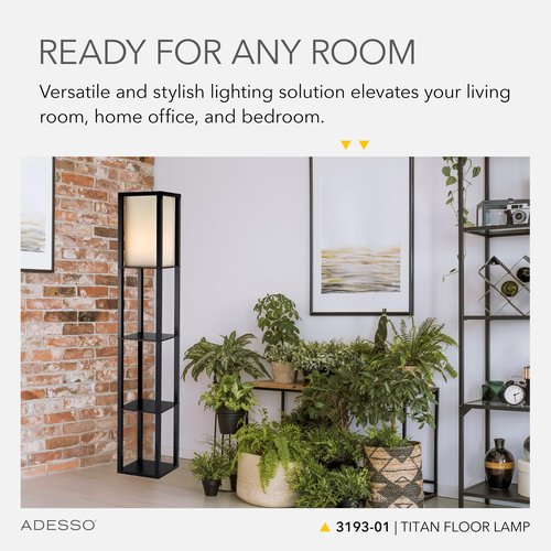 Adesso Square Floor Lamp with 3-Tier Open Shelves, Black Base, Fabric Shade, 72” T x 10.5” W, Extended Length Cord, Enhances Room Decor and Home Lighting