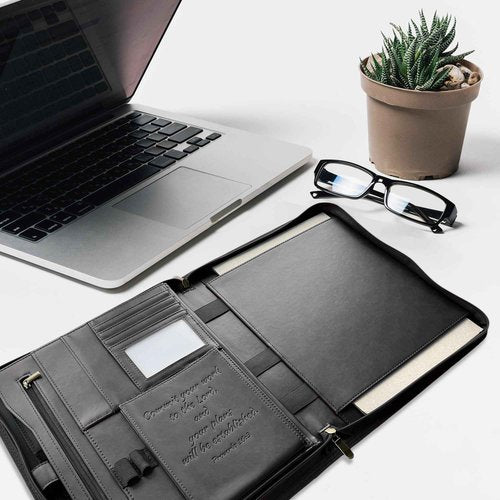 DEHITE Leather Portfolio for Men and Women - Christian Religious Gifts - Padfolio with Laptop Pocket - Letter Size Organizer for Bible Notebook Notepad - Black Full Grain Zipper Binder