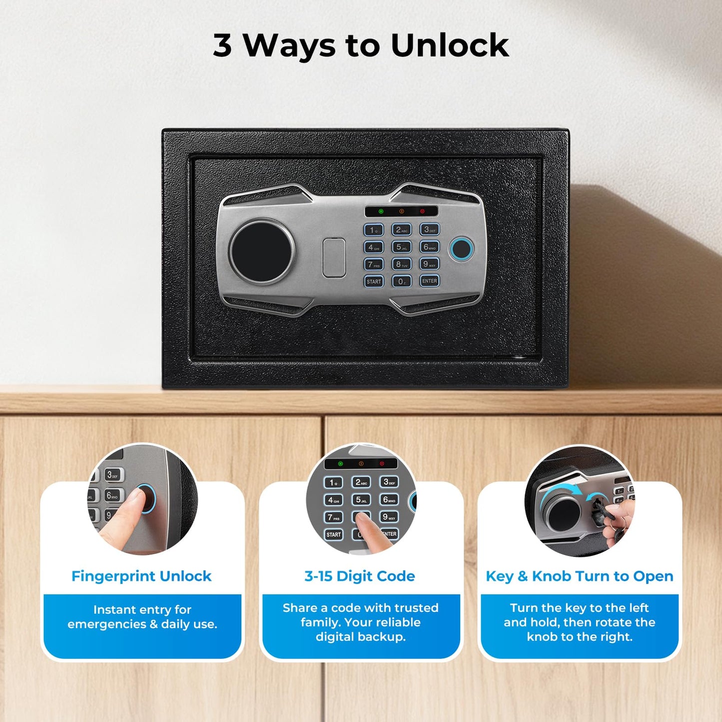 MUNBYN Smart Biometric Fingerprint Safe, 3-Way Access Lock Box with Electronic Keypad, Display Screen & USB-C Port, Small Caja Fuerte with Anti-Rust and Anti-Theft for Home & Office, Cash, Document