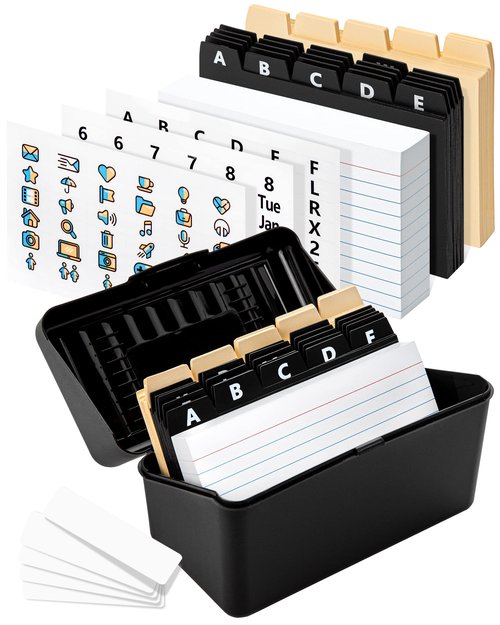 OFFILICIOUS Business Card Organizer 3x5 - Premium Index Card Holder Box for Flashcards, Notecards, Recipes - Recipe Box with Cards & Dividers, Labels, Stickers