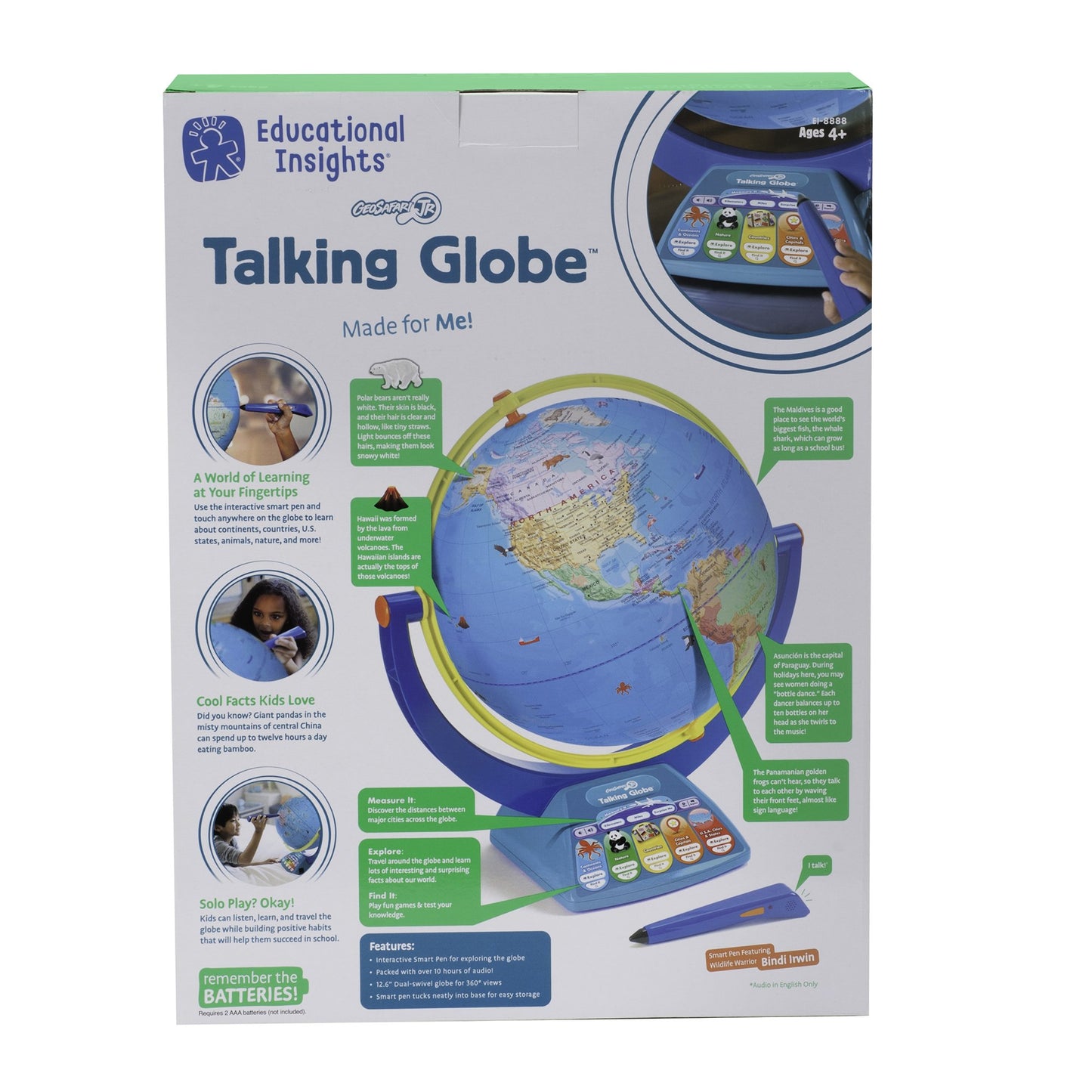 Educational Insights GeoSafari Talking Globe - Interactive Globe for Kids Ages 4-8, Learning Geography for Kids, Electronic Learning & Education Toys, Interactive World Map Featuring Bindi Irwin