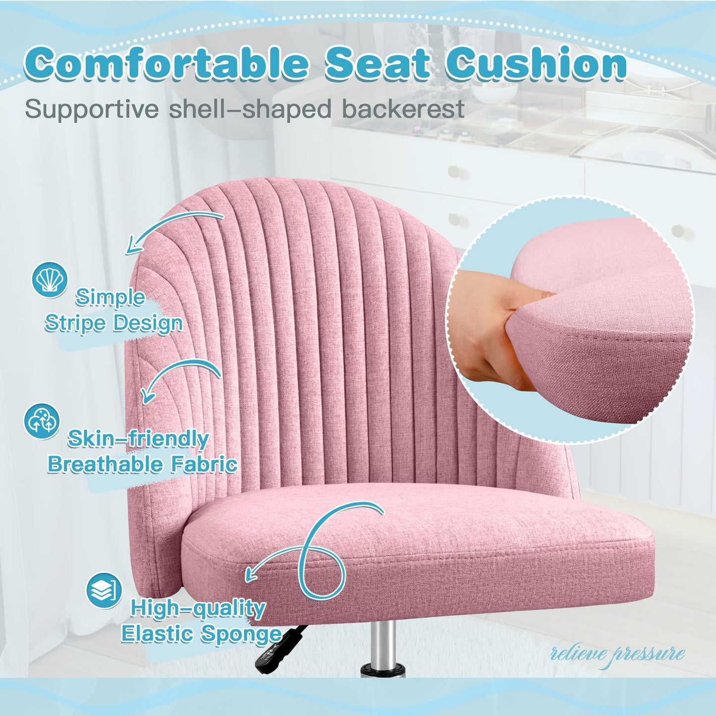 Furniwell Office Chair Armless Cute Desk Chair Modern Adjustable Swivel Vanity Task Computer Chair Home Office Desk Chairs with Wheels (Fabric, Pink)