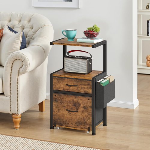 HIGDBFE Filing Cabinet - 2-Tier Printer Stand with Fabric Drawers & Side Bag - Rustic Brown, 16.5" W