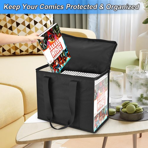 Comic Book Storage Tote, 600D Collapsible Comic Book Case for 160-180 Comics, Comic Book Box Holder with Carrying Handles & Clear Window, Comic Book Bin Container Holder, 15.35''X7.5''X12.2'' (Black)