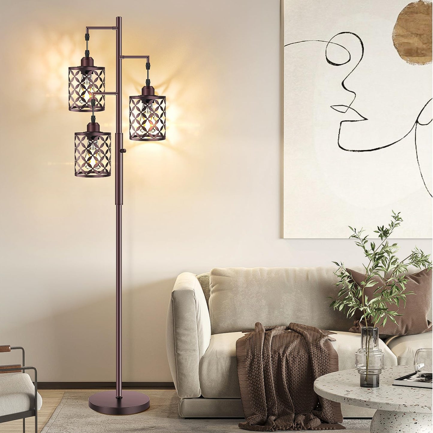 GHOOCEMLUX Dimmable Floor Lamp, Farmhouse Standing Lamp with Elegant Metal Cage, Industrial Tall Tree Floor Lamps for Living Room Bedroom Study Room Office, 3 x 800LM LED Bulbs Included - 68", Brown