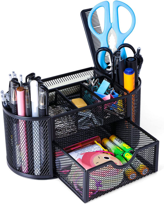 Skiennix Black Mesh Pen Holder - Cute Desk Organizer with 8 Compartments & Drawer for Office, School, Home