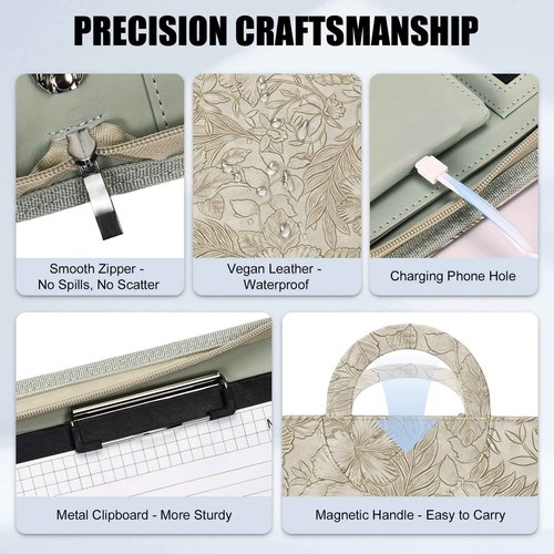 NATISERAUM Portfolio Organizer - 3 Ring Binder with Handle, Vegan Leather Business Padfolio Folder with Notepad, Includes 5 Dividers with 10 Pockets for Documents Files