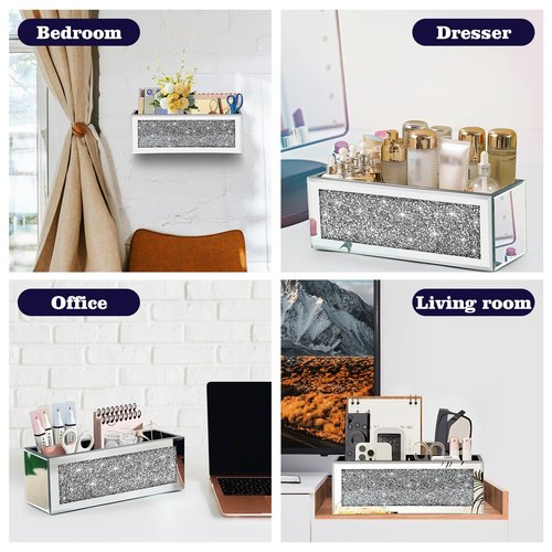 Azonsdop Crystal Crush Diamond Mail Organizer Countertop, Mirrored Wall Mount Letter Holder, Silver Mail Tray, Mail Holder Box for Desk, Mail Basket for Counter, Mail Storage Organizer