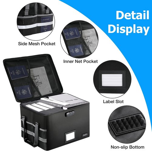 File Box with Lock - Fireproof Document Box File Organizer with Zipper & Adjustable Handle, Collapsible File Storage Box for Home Office, Filing Cabinet for Hanging Letter/Legal Folder