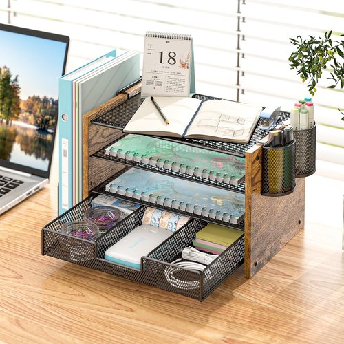 3IngSeagulls Wooden Desk Organizers and Accessories with File Holder, 4-Tier Paper File Organizer with Drawer & 2 Pen Holders, Office Desk Accessories, Desktop Organizer and Storage for Home Office