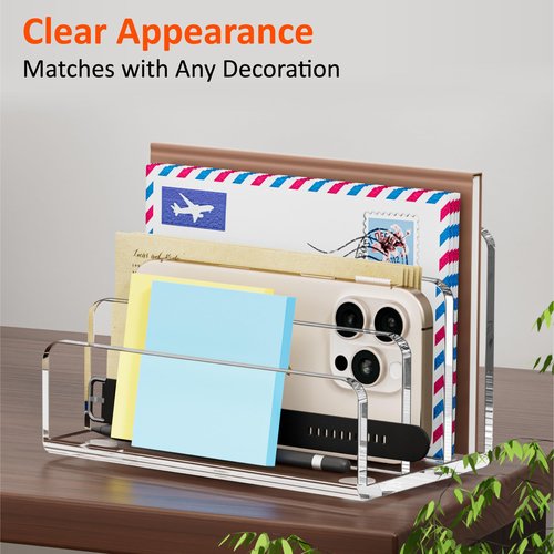 FUCDTEFC Mail Organizer Countertop, 3 Section Clear Acrylic Small File Holders Letter Organizer for Desk, Modern Filing Accessories for Document, Office, Home, School