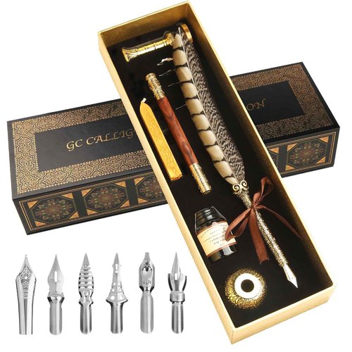 GC QUILL Calligraphy Pen Set - Feather Dip Pen,Dual Tip Calligraphy Fountain Pen, Stamp, Wax Candle, Pen Base, Ink Bottle, Ink Cartridges L1492